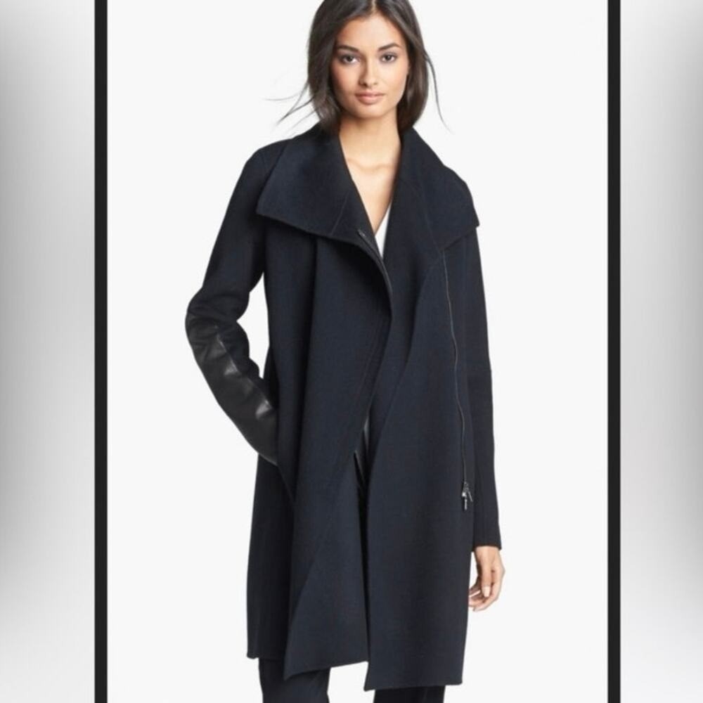 VINCE ASYMMETRIC MOCK NECK WOOL BLEND BLACK COAT